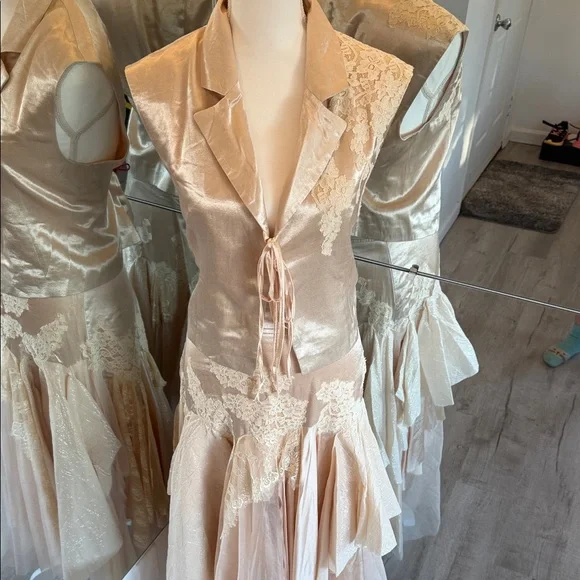 Free People Champagne Lace-Trim Asymmetrical Satin Dress - Picture 2 of 15